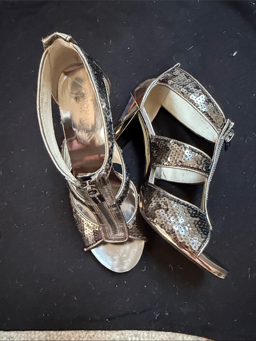Michael Kors Silver Sequin Strappy Heels With Front Zip Closure